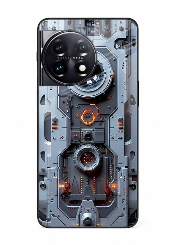 Futuristic metallic mechanical panel with lens elements for OnePlus 11 Back Cover