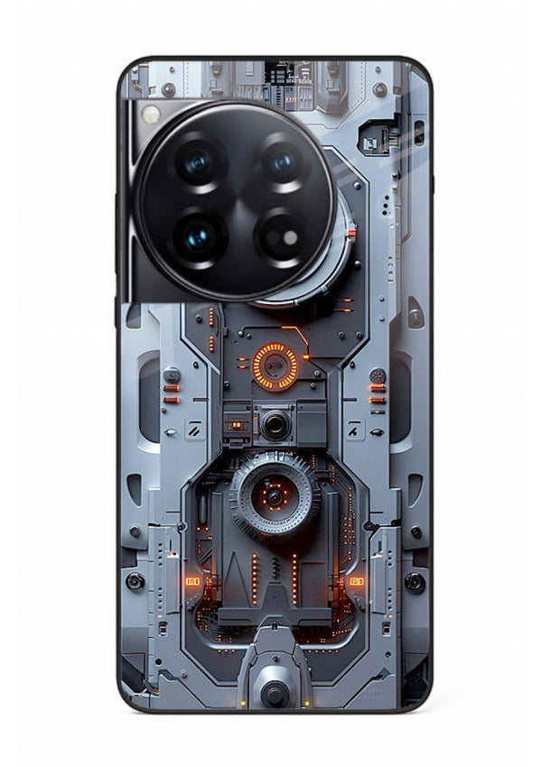 Futuristic metallic mechanical panel with lens elements for OnePlus 12 Back Cover