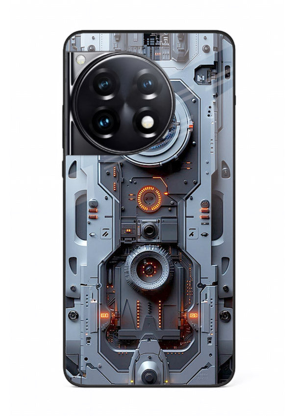 Futuristic metallic mechanical panel with lens elements for OnePlus 12R Back Cover