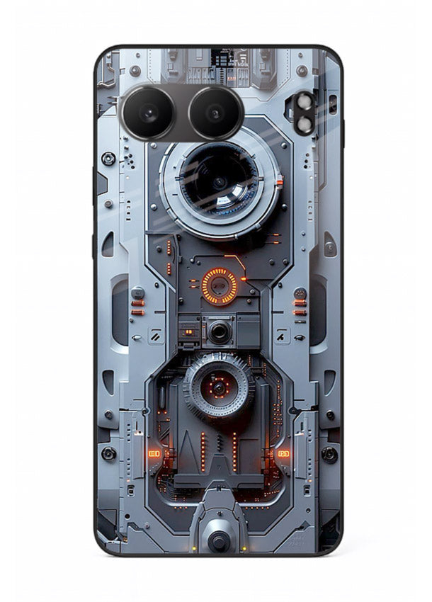 Futuristic metallic mechanical panel with lens elements for OnePlus Nord 4 Back Cover