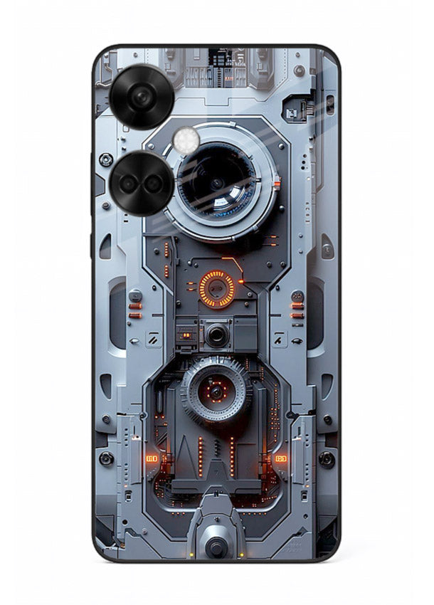 Futuristic metallic mechanical panel with lens elements for OnePlus Nord CE3 Back Cover