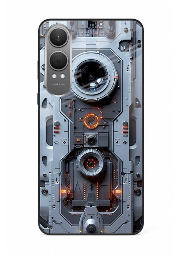 Futuristic metallic mechanical panel with lens elements for OnePlus Nord CE4 Lite Back Cover