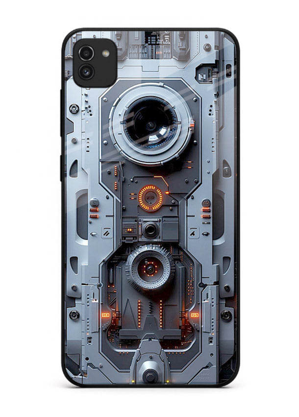 Futuristic metallic mechanical panel with lens elements for Samsung A03 Back Cover