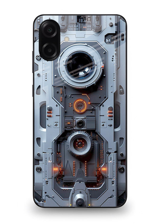 Futuristic metallic mechanical panel with lens elements for Samsung A07 4G Back Cover