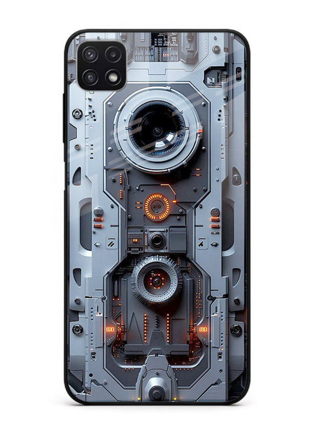 Futuristic metallic mechanical panel with lens elements for Samsung F42 5G Back Cover