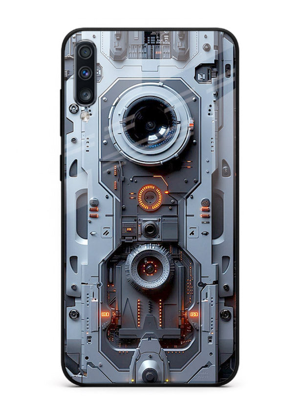 Futuristic metallic mechanical panel with lens elements for Samsung A50 Back Cover