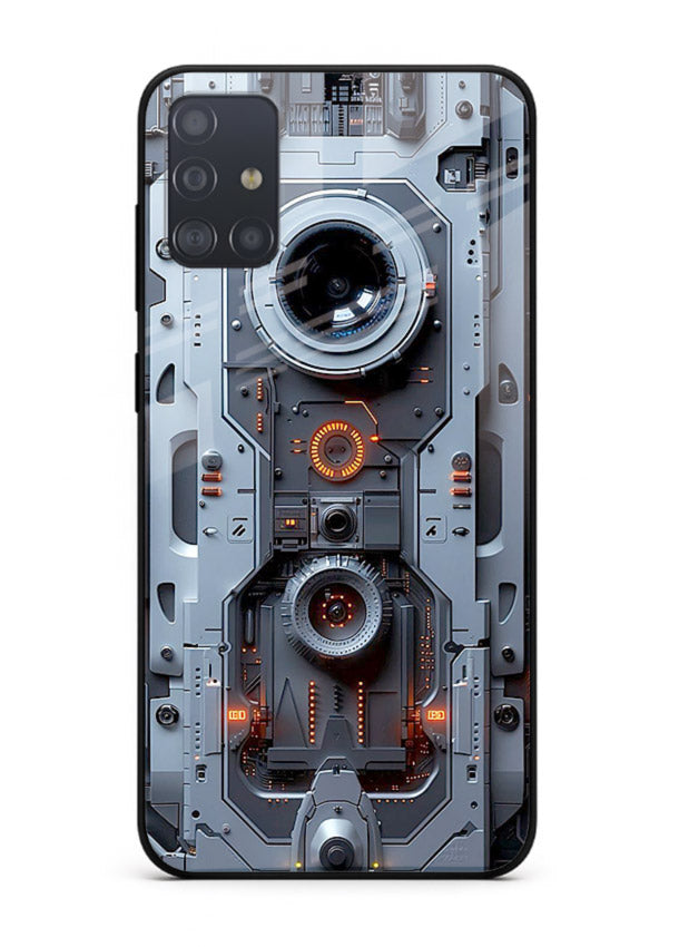 Futuristic metallic mechanical panel with lens elements for Samsung A71 Back Cover