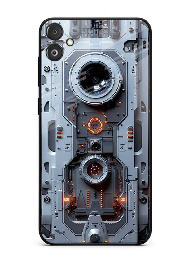 Futuristic metallic mechanical panel with lens elements for Samsung F14 5G Back Cover