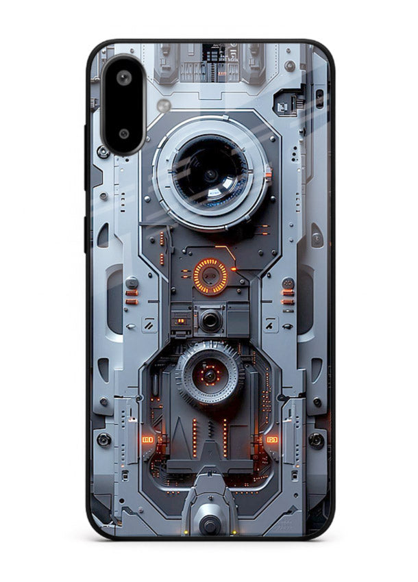 Futuristic metallic mechanical panel with lens elements for Samsung F06 5G Back Cover