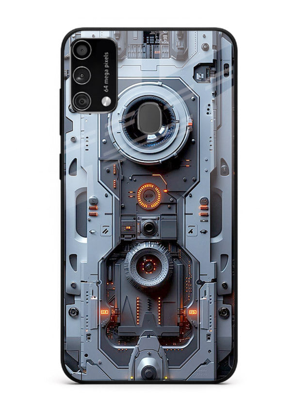 Futuristic metallic mechanical panel with lens elements for Samsung F41 Back Cover