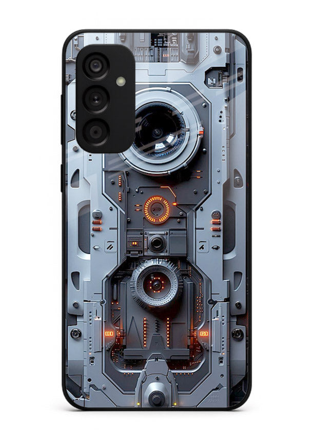 Futuristic metallic mechanical panel with lens elements for Samsung M14 5G Back Cover