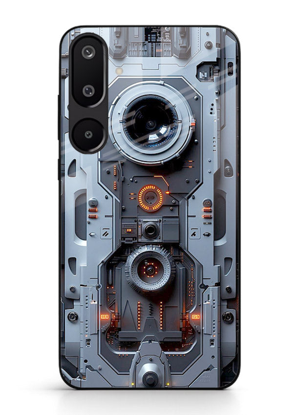 Futuristic metallic mechanical panel with lens elements for Samsung F16 5G Back Cover