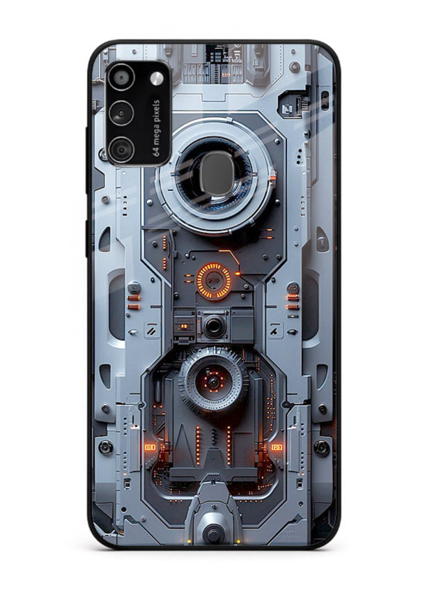 Futuristic metallic mechanical panel with lens elements for Samsung M21 Back Cover