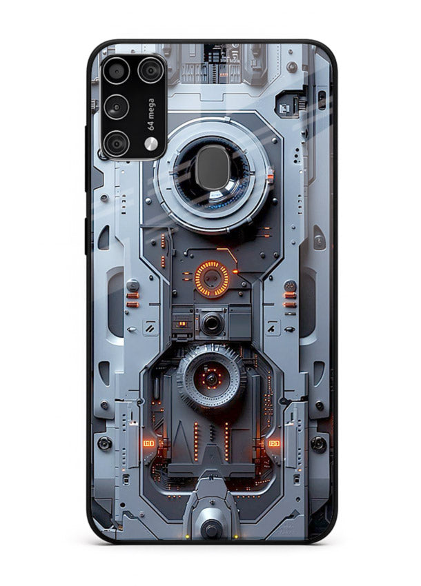 Futuristic metallic mechanical panel with lens elements for Samsung M31 Prime Back Cover