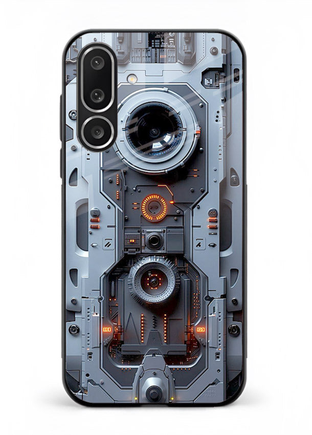 Futuristic metallic mechanical panel with lens elements for Samsung M36 5G Back Cover