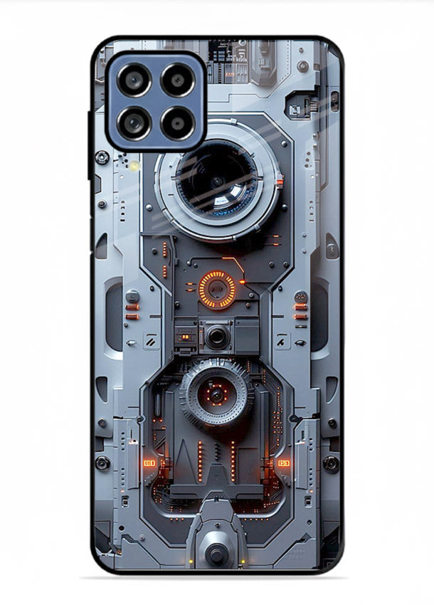 Futuristic metallic mechanical panel with lens elements for Samsung M33 5G Back Cover