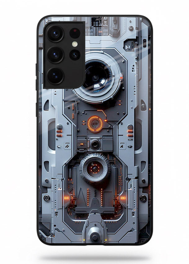 Futuristic metallic mechanical panel with lens elements for Samsung S21 Ultra Back Cover