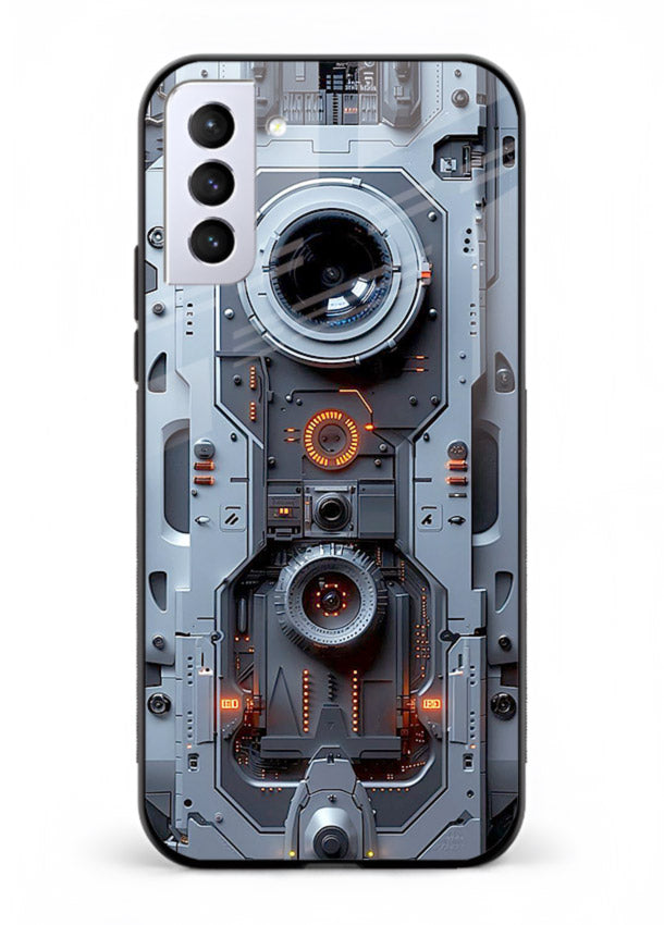 Futuristic metallic mechanical panel with lens elements for Samsung S21 FE Back Cover