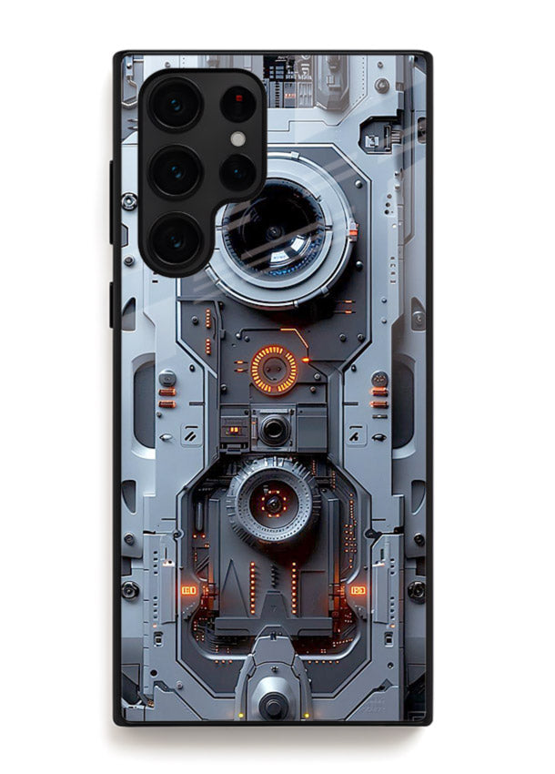 Futuristic metallic mechanical panel with lens elements for Samsung S24 Ultra Back Cover