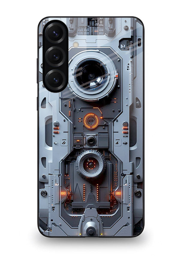 Futuristic metallic mechanical panel with lens elements for Samsung M54 5G Back Cover