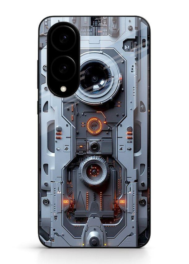 Futuristic metallic mechanical panel with lens elements for Samsung S25 Edge Back Cover