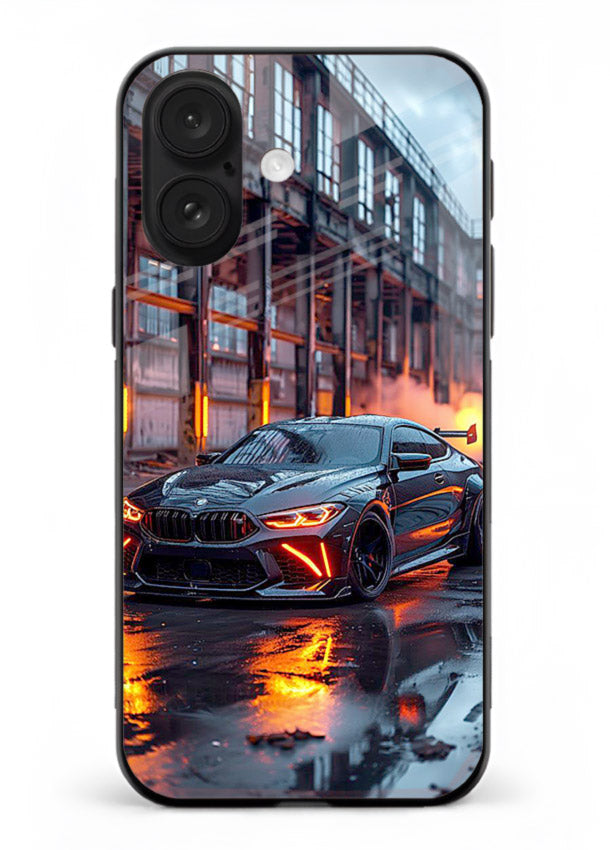 Detailed engine artwork printed on tempered glass iPhone 16 back cover