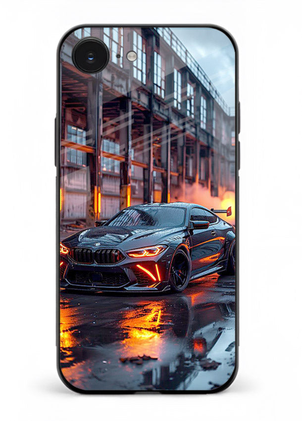 Detailed engine artwork printed on tempered glass iPhone 16E back cover
