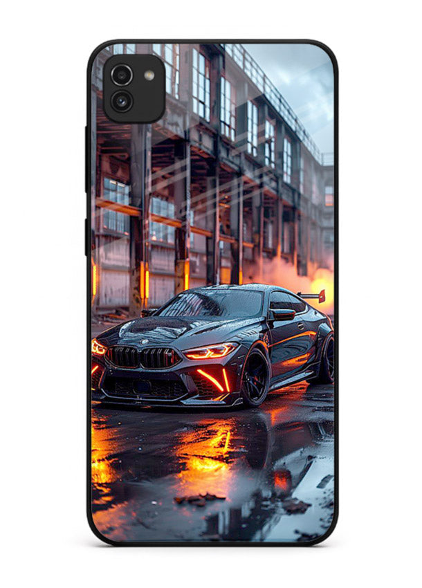 Detailed engine artwork printed on tempered glass Samsung A03 back cover