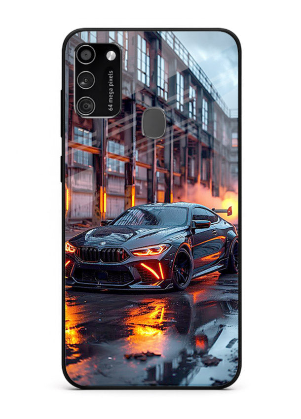 Detailed engine artwork printed on tempered glass Samsung M30s back cover