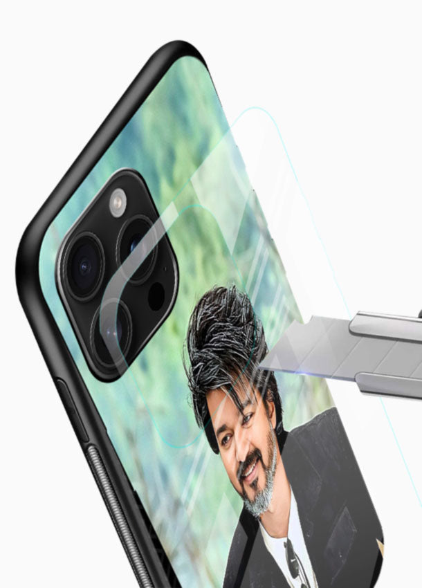 Casual Outdoor Portrait of Vijay Thalapathy glass back cover with natural green backdrop design - 4