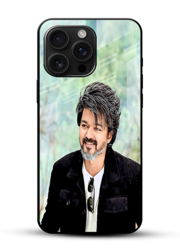 Casual Outdoor Portrait of Vijay Thalapathy glass back cover with natural green backdrop design - 1