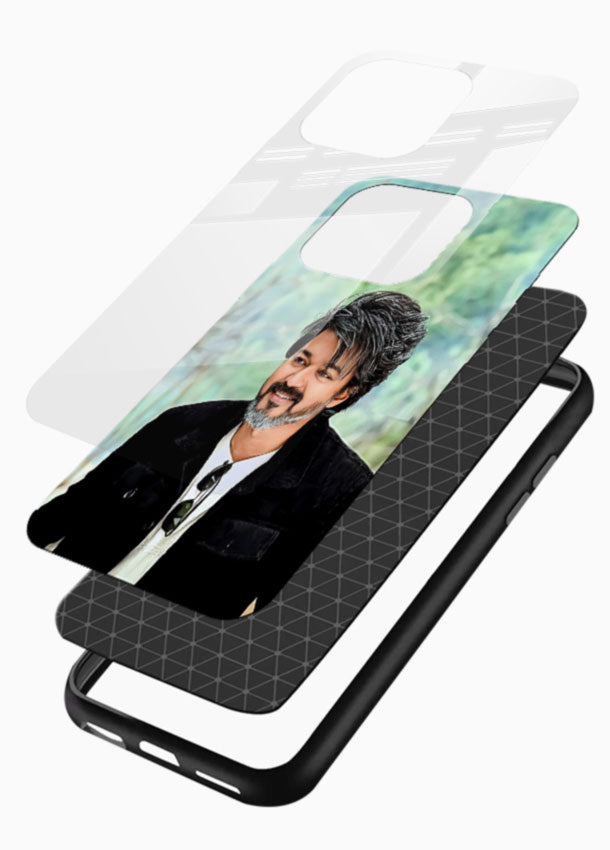 Casual Outdoor Portrait of Vijay Thalapathy glass back cover with natural green backdrop design - 3