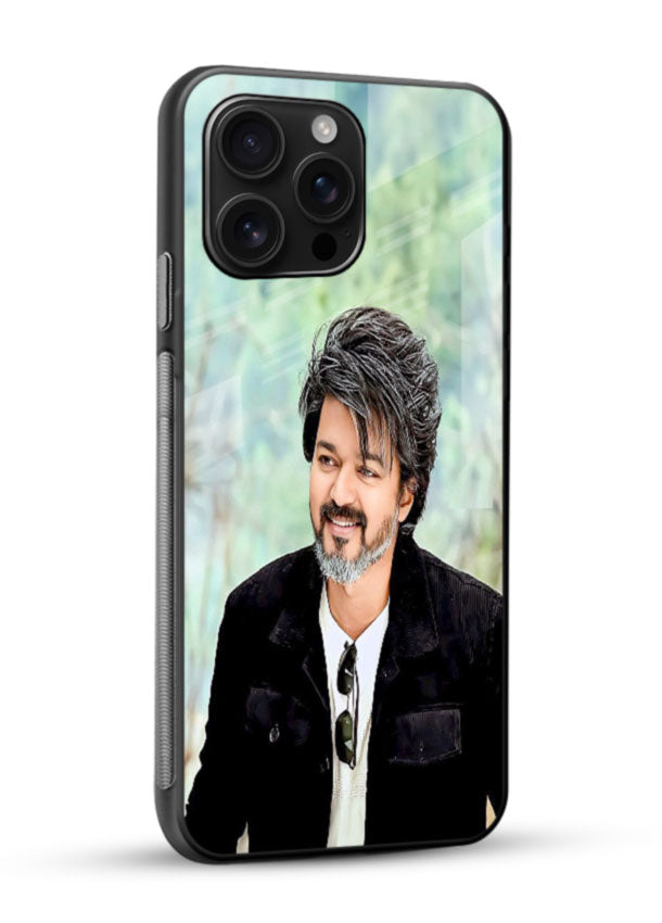 Casual Outdoor Portrait of Vijay Thalapathy glass back cover with natural green backdrop design - 2