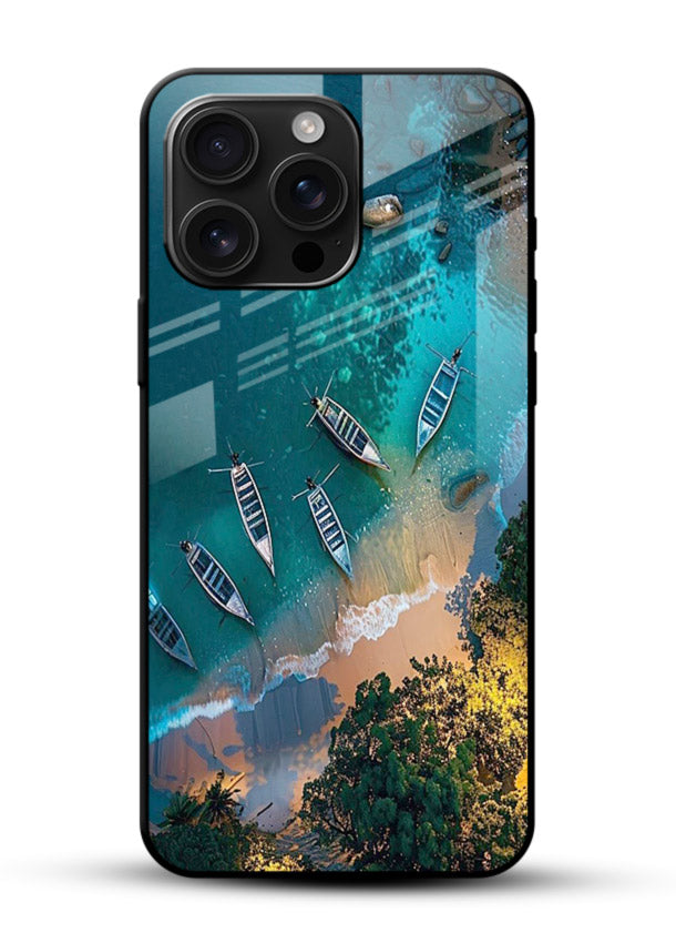 Deep Blue Lagoon glowing lagoon artwork glossy vibrant premium glass back cover - Angle Front