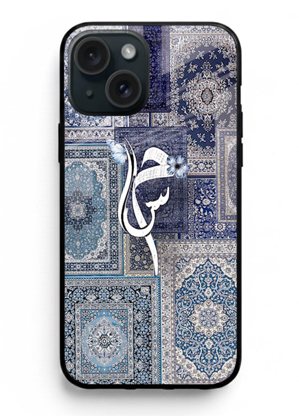 Indigo calligraphy artwork printed on tempered glass iPhone 14 Plus back cover