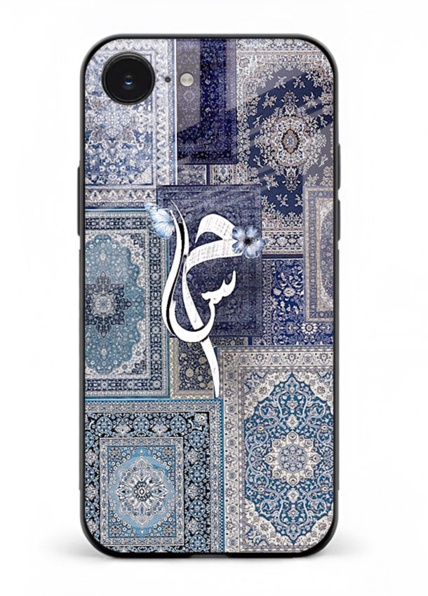 Indigo calligraphy artwork printed on tempered glass iPhone 16E back cover