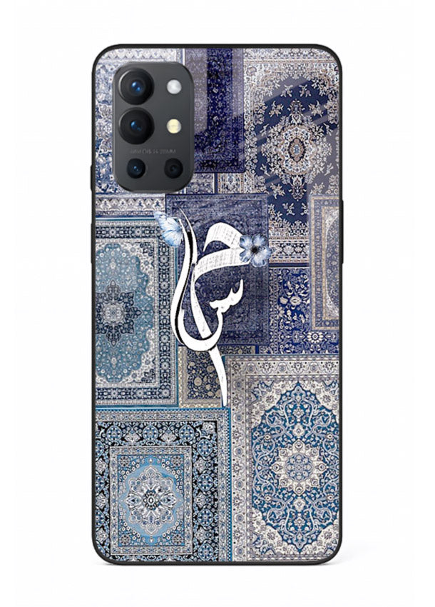 Indigo calligraphy artwork printed on tempered glass OnePlus 9R back cover