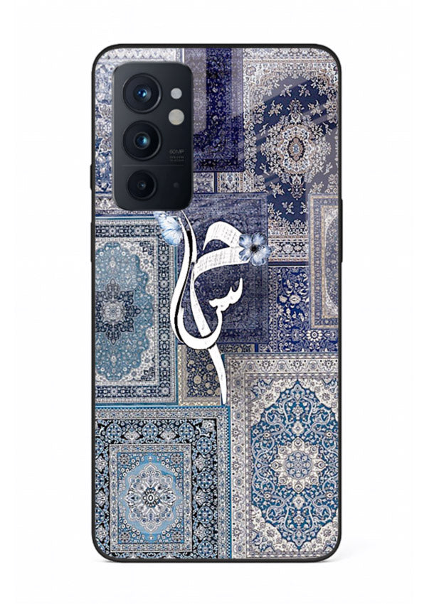 Indigo calligraphy artwork printed on tempered glass OnePlus 9RT back cover