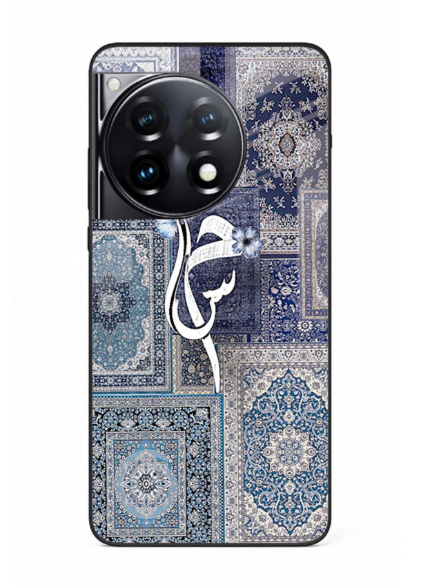 Indigo calligraphy artwork printed on tempered glass OnePlus 12R back cover