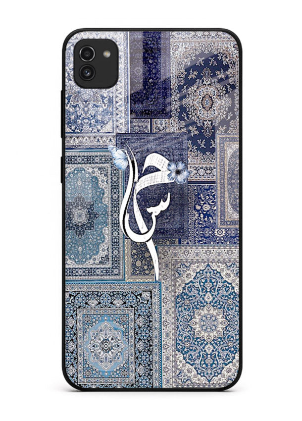 Indigo calligraphy artwork printed on tempered glass Samsung A03 back cover