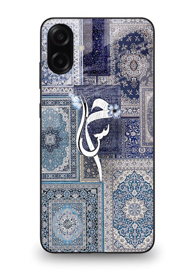 Indigo calligraphy artwork printed on tempered glass Samsung M13 5G back cover