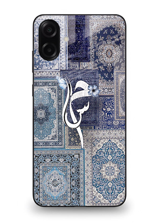 Indigo calligraphy artwork printed on tempered glass Samsung A07 4G back cover