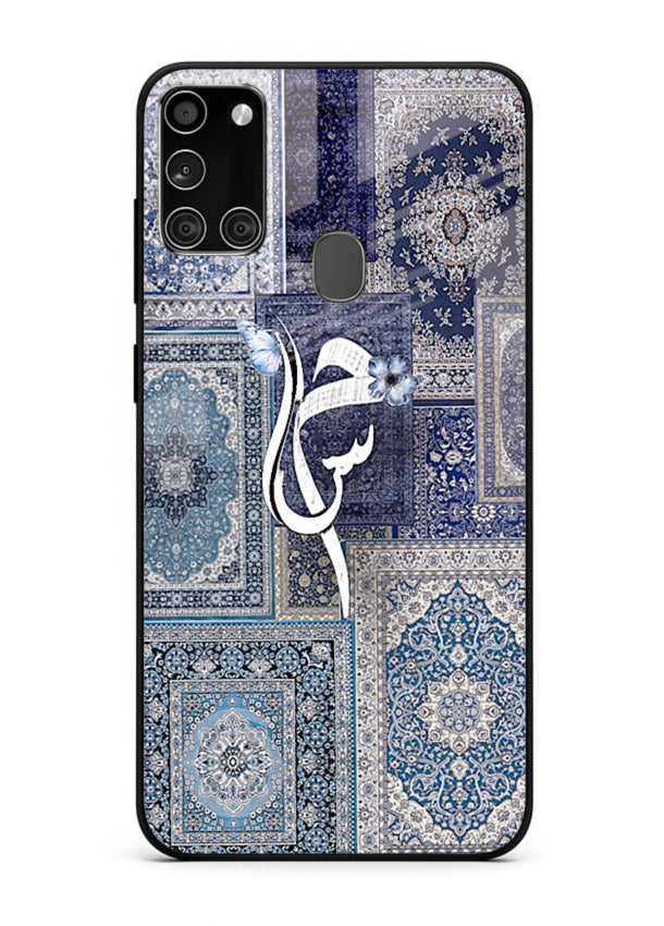 Indigo calligraphy artwork printed on tempered glass Samsung A21s back cover