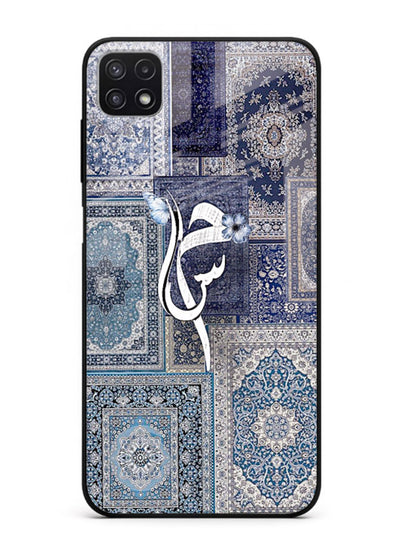 Indigo calligraphy artwork printed on tempered glass Samsung A22 5G back cover