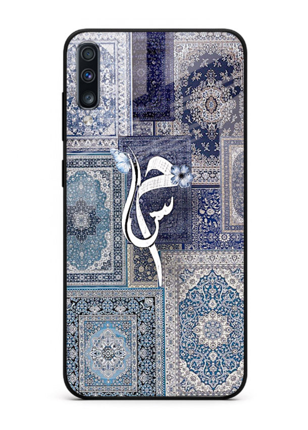 Indigo calligraphy artwork printed on tempered glass Samsung A50 back cover