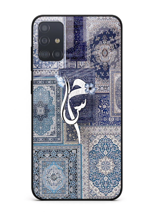 Indigo calligraphy artwork printed on tempered glass Samsung A71 back cover