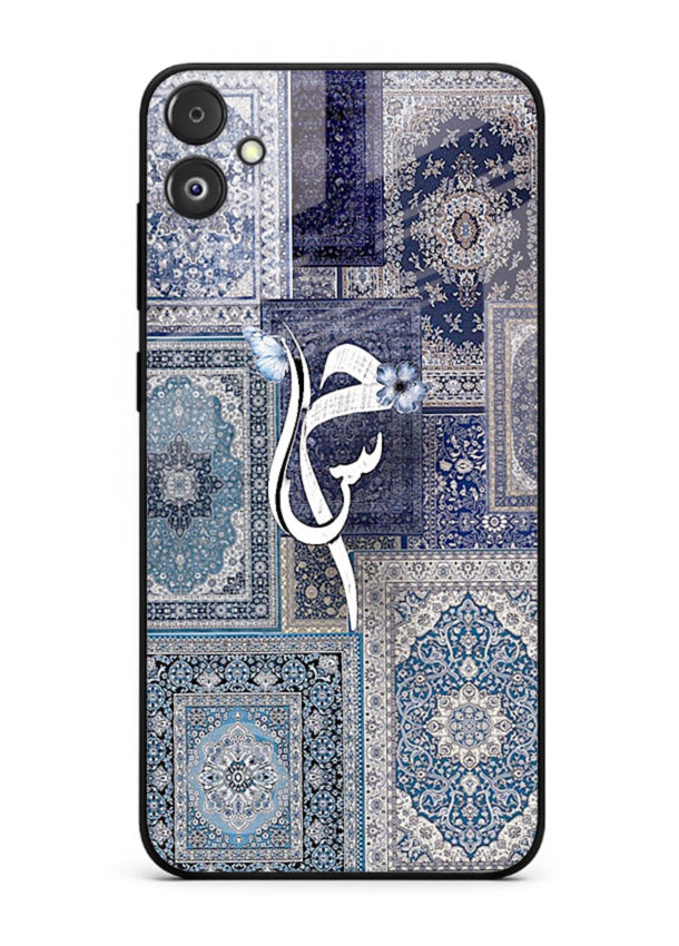 Indigo calligraphy artwork printed on tempered glass Samsung F05 5G back cover