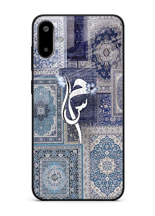 Indigo calligraphy artwork printed on tempered glass Samsung F06 5G back cover