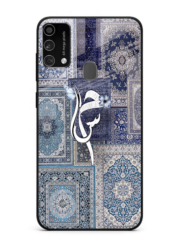 Indigo calligraphy artwork printed on tempered glass Samsung F41 back cover