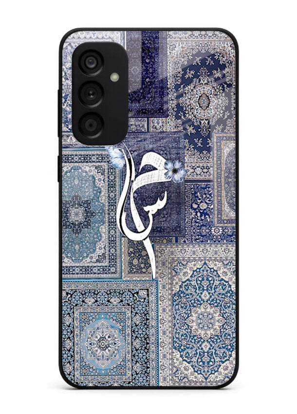 Indigo calligraphy artwork printed on tempered glass Samsung A04s 5G back cover